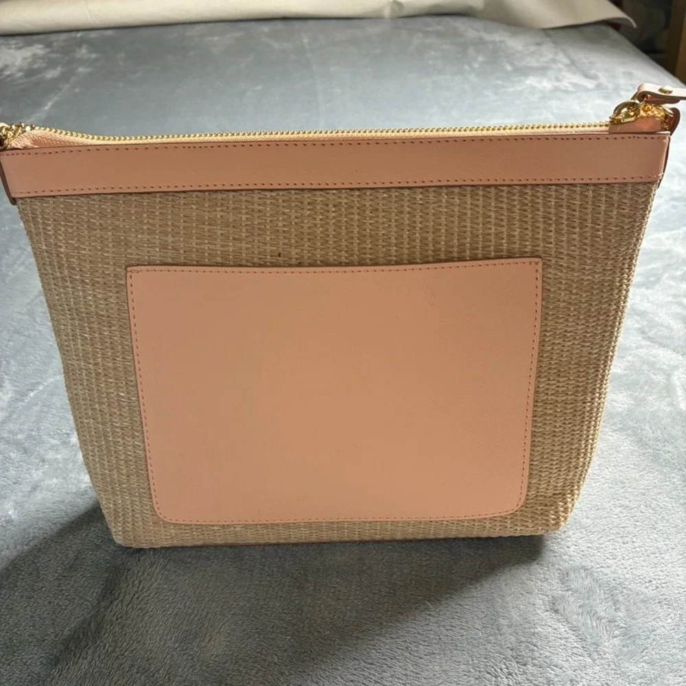 Nanette Lepore Woven Straw Vegan Leather Gold Chain Shoulder‎ Bag Classic Peach